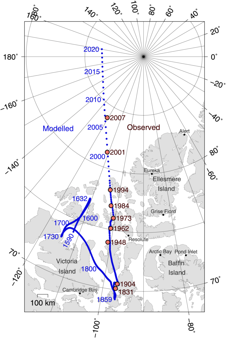 جابجایی نقطه قطب شمال مغناطیسی زمین در طول زمان